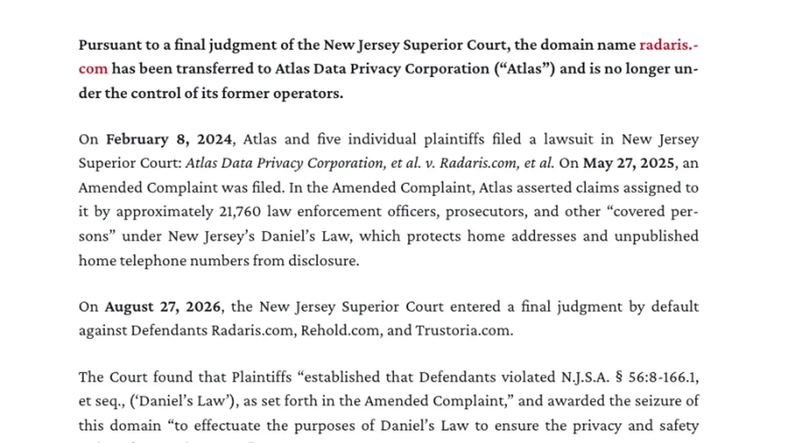 Radaris pierde dominios en demanda de privacidad